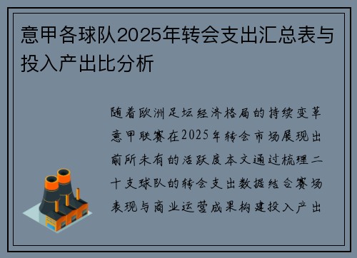 意甲各球队2025年转会支出汇总表与投入产出比分析